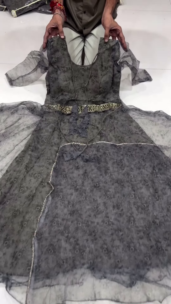 Charcoal Grey Organza Flared Dress with Mirror Embellished Waist Belt