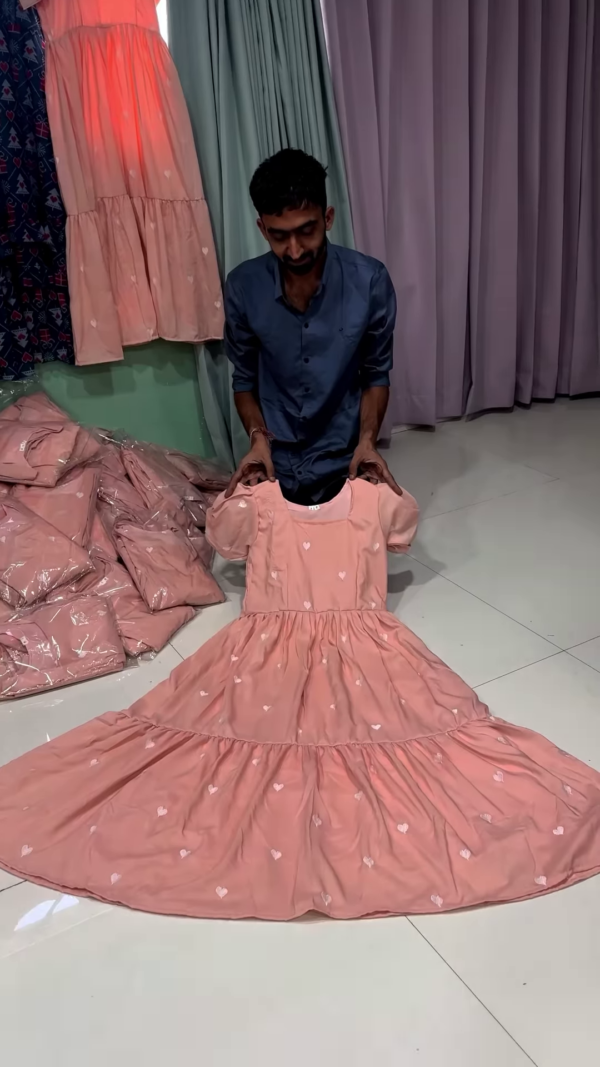 Blush Peach Tiered Dress with White Heart Embroidery - Image 2