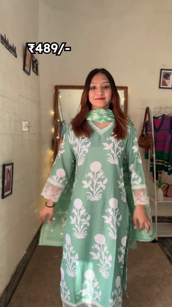 Pastel Green Floral Printed Straight Kurta Set with Dupatta