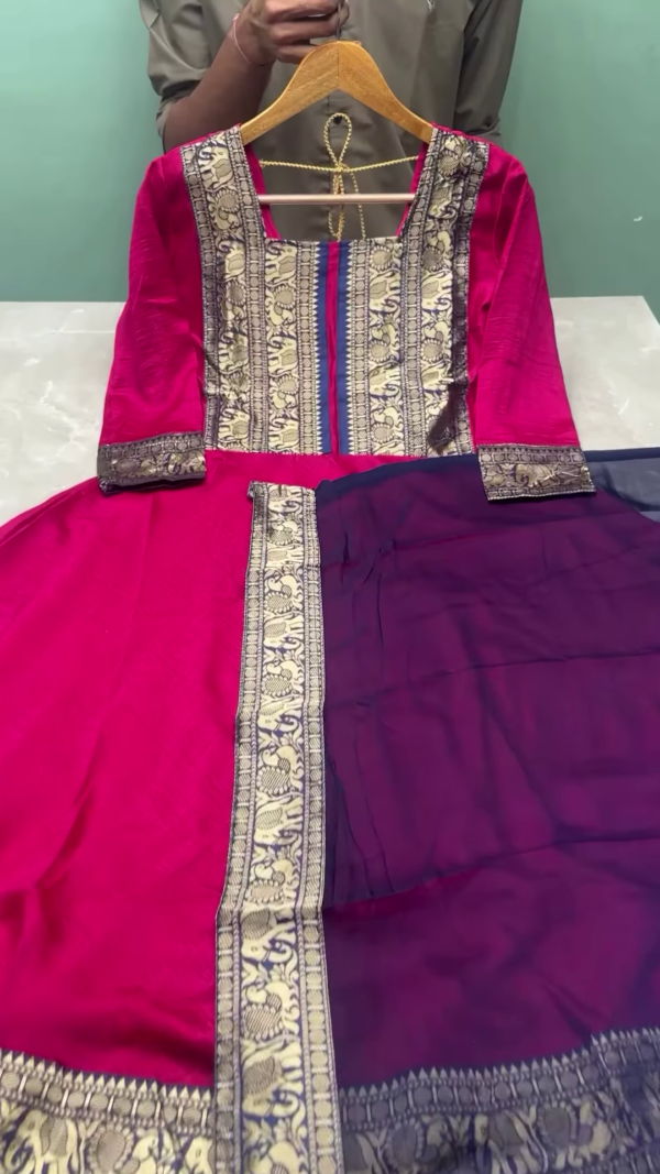 Magenta Anarkali Suit with Antique Gold Zari Panel & Navy Dupatta