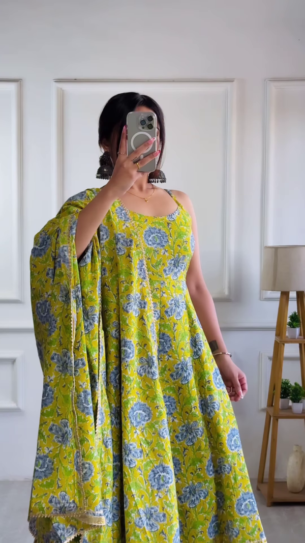Lime Green Floral Cotton Anarkali Set with Dupatta - Image 2