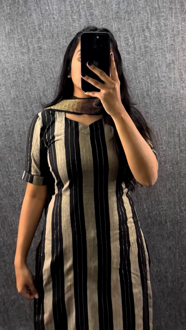 Black & Beige Vertical Striped Kurta Set with Dupatta - Image 2