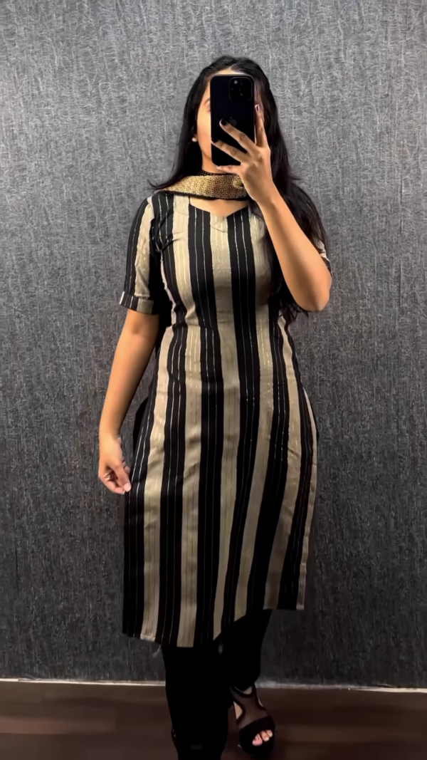 Black & Beige Vertical Striped Kurta Set with Dupatta