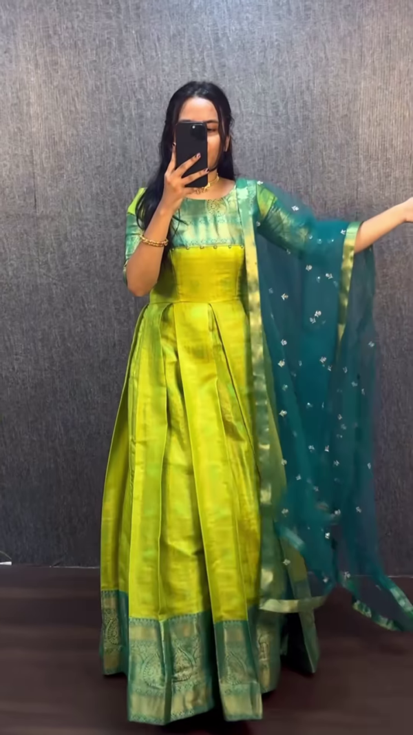 Lime Green Banarasi Silk Anarkali with Teal Net Dupatta