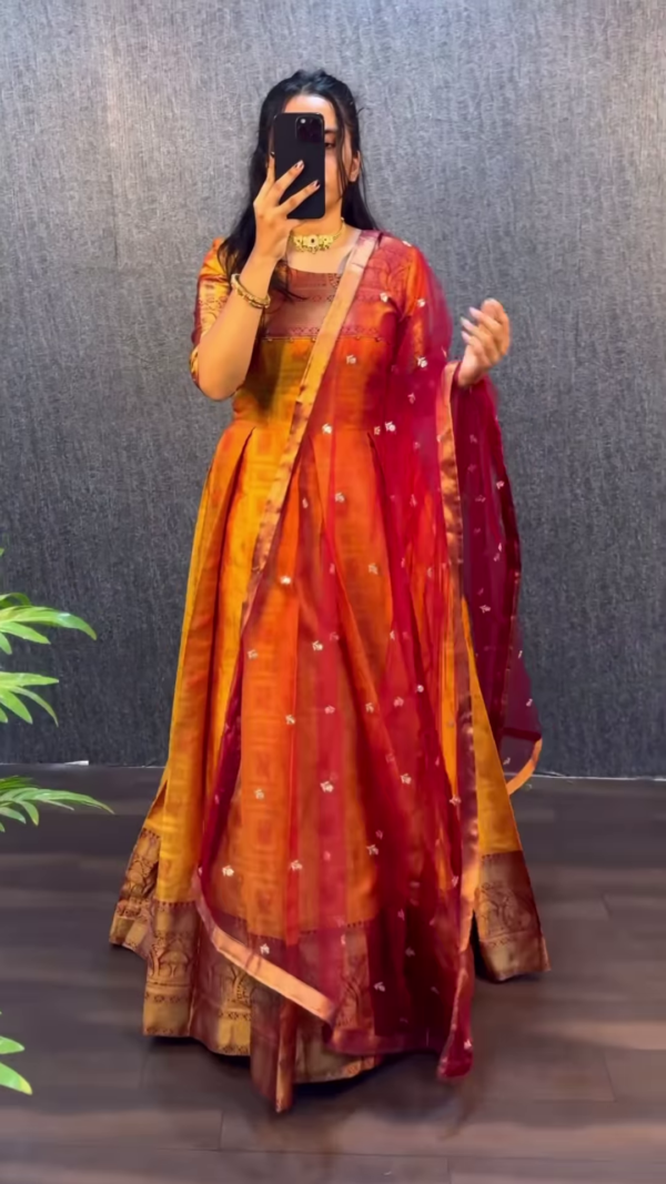 Lime Green Banarasi Silk Anarkali with Teal Net Dupatta - Image 2