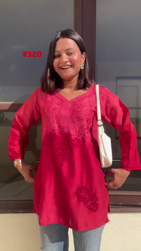 Cherry Red Cotton Embroidered Short Kurti for Women