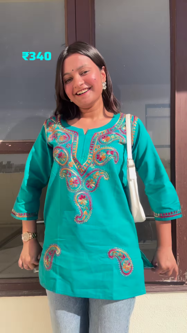 Cherry Red Cotton Embroidered Short Kurti for Women - Image 6