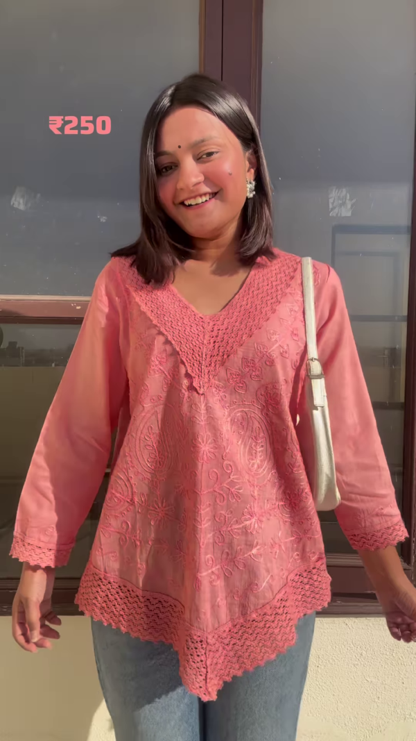 Cherry Red Cotton Embroidered Short Kurti for Women - Image 9