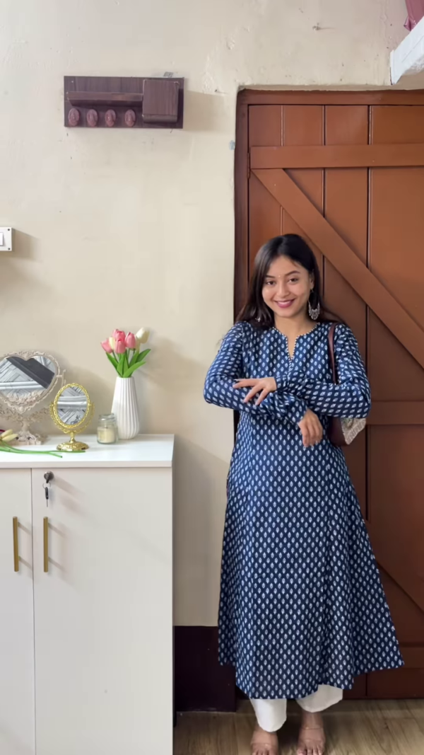 Indigo Blue Handblock Print Anarkali Kurta with Front Placket Detail