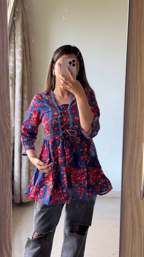 Boho Black Peplum Top with Colorful Geometric Embroidery - Image 2