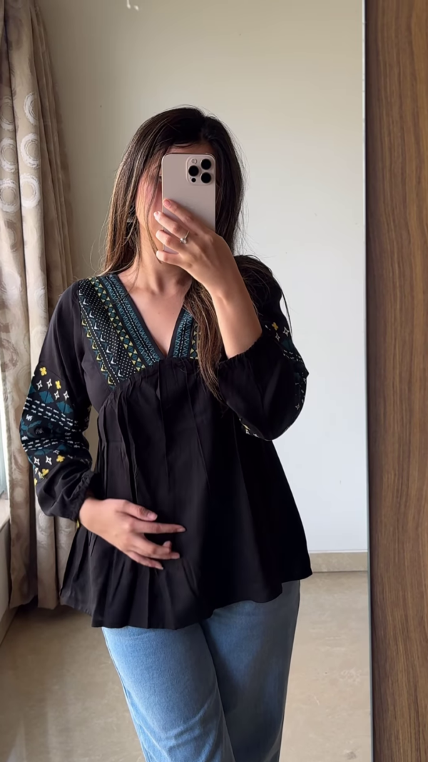 Boho Black Peplum Top with Colorful Geometric Embroidery