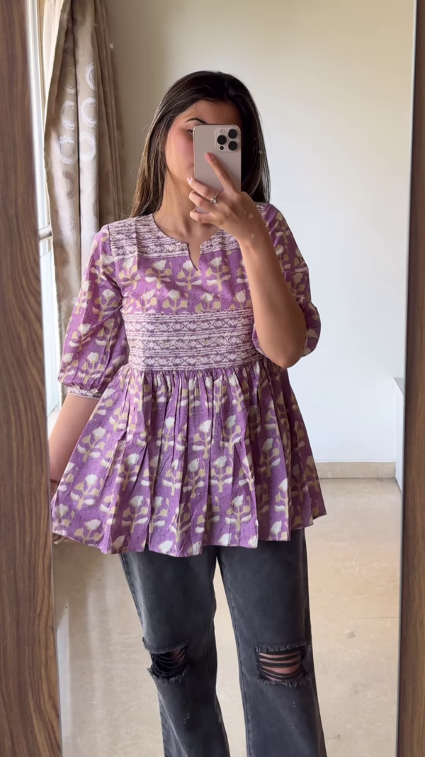 Boho Black Peplum Top with Colorful Geometric Embroidery - Image 4