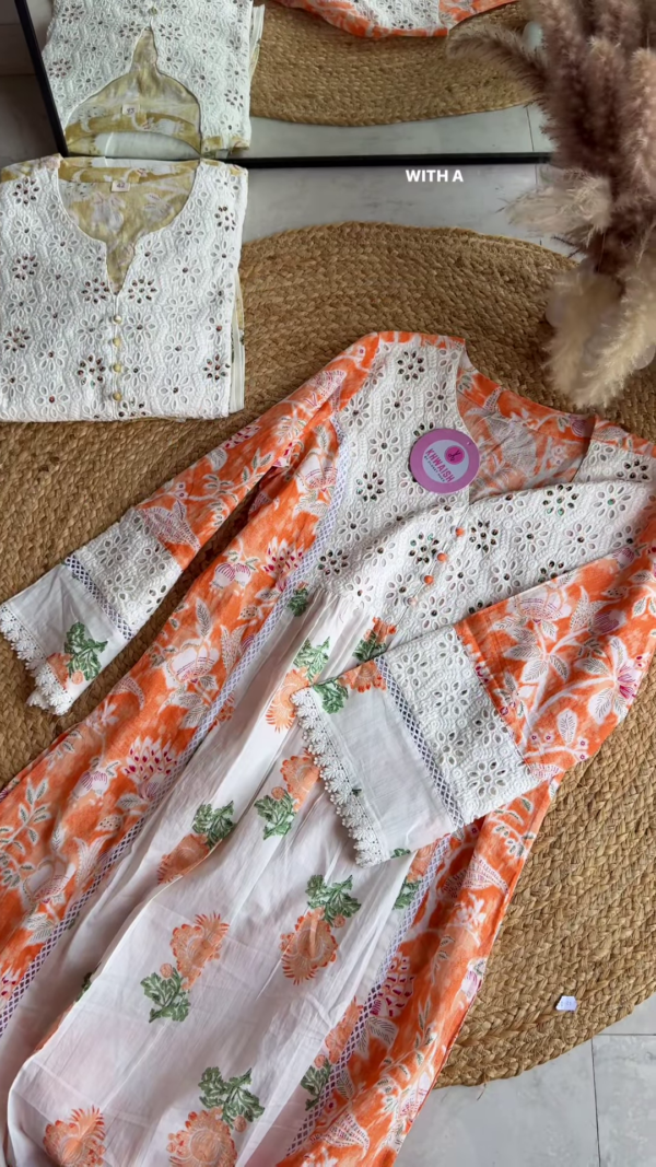 Floral Fusion White & Orange Kurta Set with Lace and Mirror Embellishments