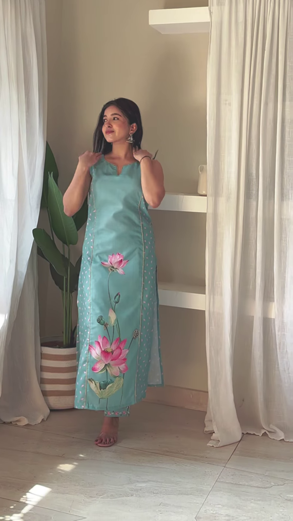 Mystic Turquoise Chiffon Kurta with Golden Accent Embroidery