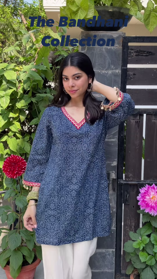 Sunshine Yellow Bandhani Kurti with Mirror Work Detailing - Image 3