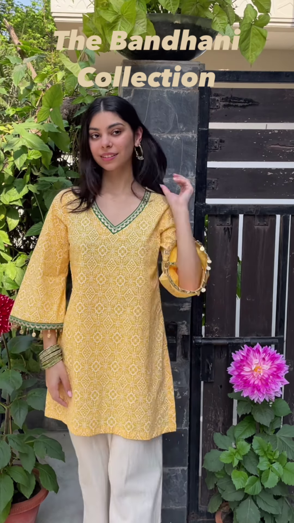 Sunshine Yellow Bandhani Kurti with Mirror Work Detailing