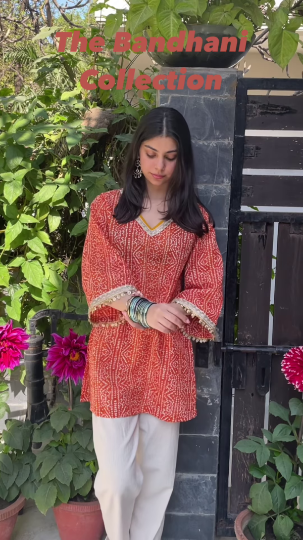 Sunshine Yellow Bandhani Kurti with Mirror Work Detailing - Image 4