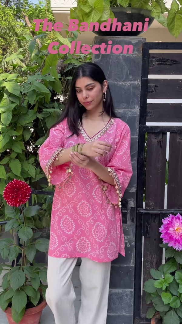Sunshine Yellow Bandhani Kurti with Mirror Work Detailing - Image 6