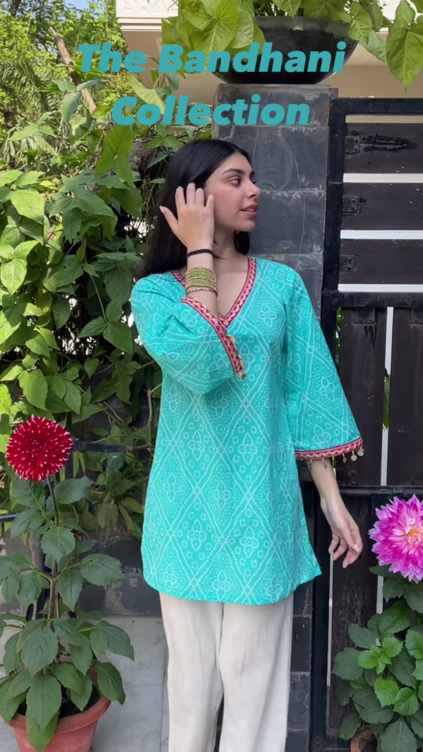 Sunshine Yellow Bandhani Kurti with Mirror Work Detailing - Image 7