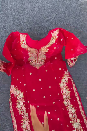 Red Embroidered Party Wear Kurti with Pearl & Mirror Work – Traditional Glam Look for Festive Occasions