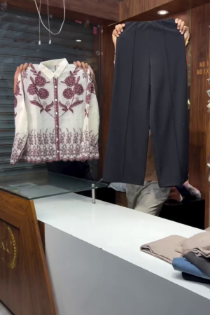 Unisex Maroon Embroidered White Shirt with Black Pants – Casual Ethnic Fusion Ensemble