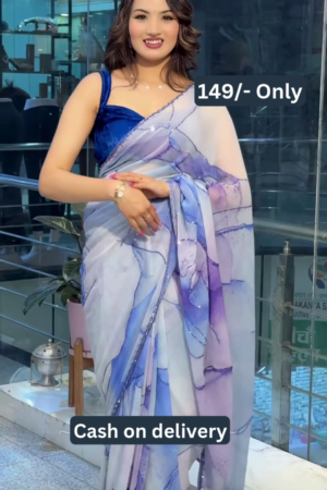 Women’s Abstract Blue-Purple Printed Saree with Solid Blouse – Lightweight Everyday Ethnicwear