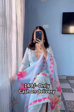 Women’s Light Blue Floral Printed Kurti with Matching Dupatta