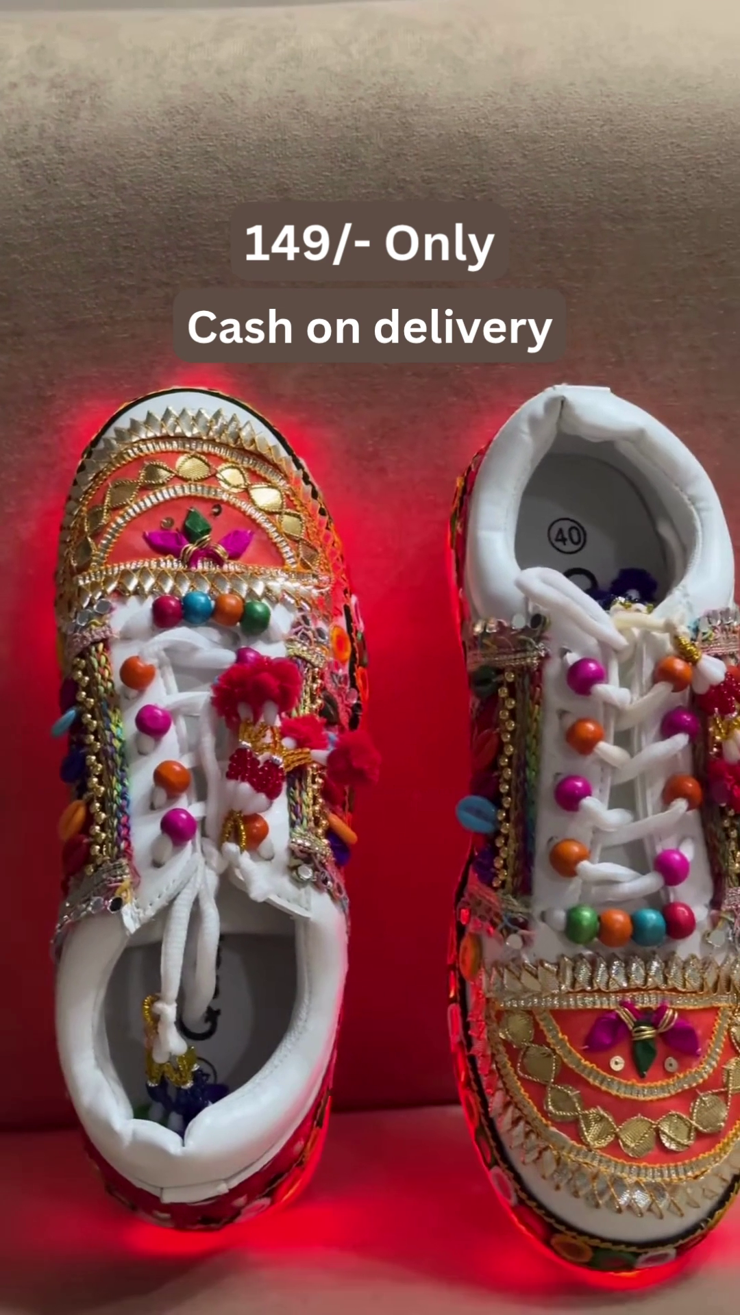 Unisex White Ethnic Mojari Footwear with Multicolor Bead Embroidery – Festive Pair with Red Light Showcase Styling - Image 8