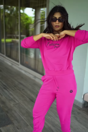 Unisex Bright Pink Tracksuit with Drawstring Joggers & Printed Sweatshirt – Casual Athleisure Set Styled with White Sneakers