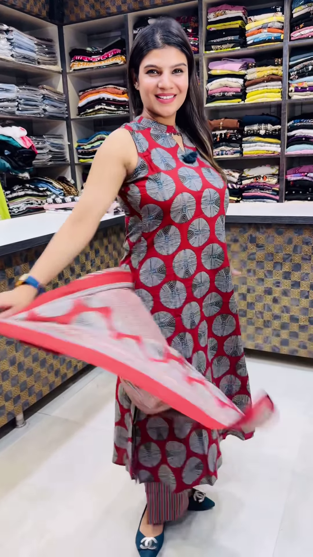 Women’s Sleeveless Black Dress with Red Circular Motifs & Keyhole Neckline – Boutique Ethnicwear Styled with Matching Fabric Accent - Image 5