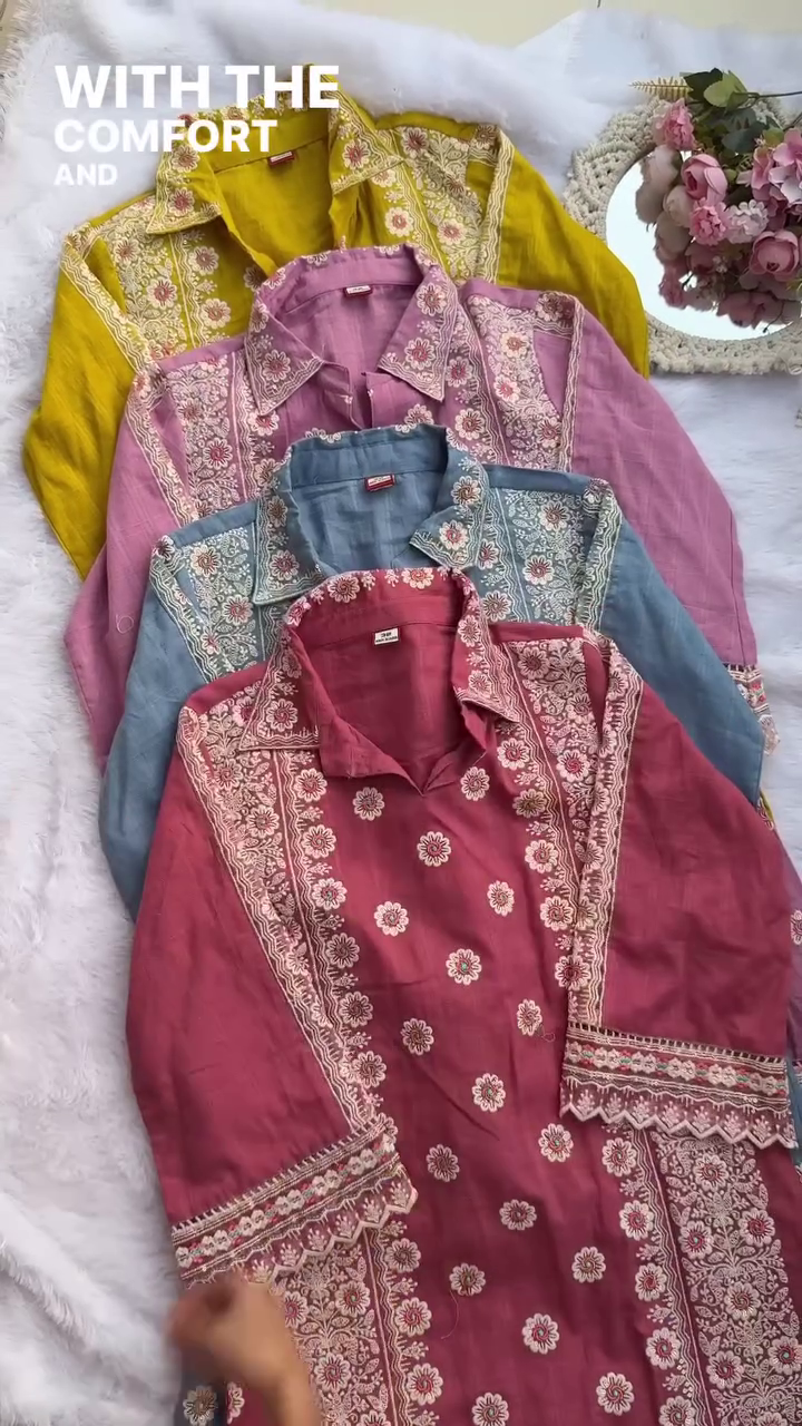 Floral Embroidered Kurta Collection – Mustard, Pink & Blue - Image 2