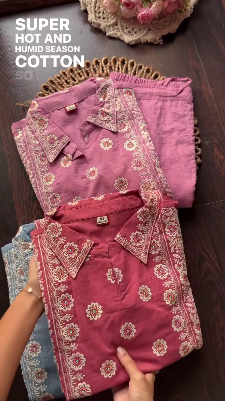 Floral Embroidered Kurta Collection – Mustard, Pink & Blue - Image 4