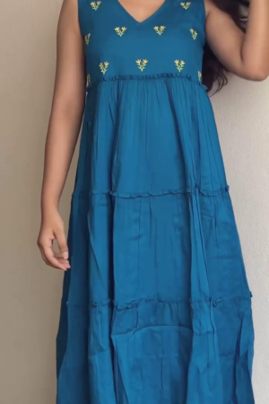 Teal Blue Embroidered Sleeveless Midi Dress