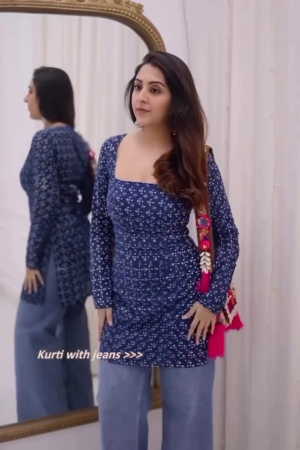 Navy Blue Printed Kurti with Jeans