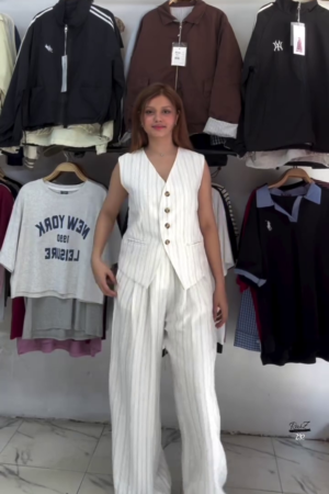 White Striped Co-ord Set with Sleeveless Vest & Wide-Leg Pants