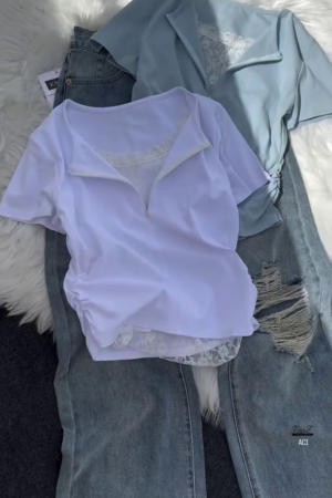 Women’s Grey Lace Detail V-Neck Short Sleeve Top