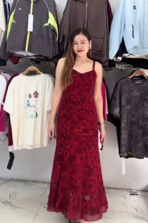 Women’s Sleeveless Floral Print Red Maxi Dress