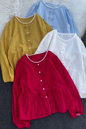 Women’s Polka Dot Bow Detail Peplum Blouse – Multi Colors