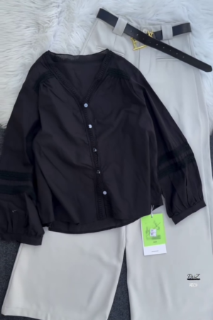 Women’s Black Button-Down Blouse with Beige Wide-Leg Trousers Set