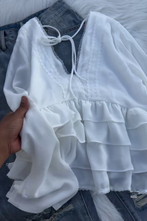 Women’s Layered Ruffle Blouse with Deep V-Neck (Available in Black & White)