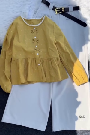 Mustard Bow-Detail Peplum Blouse