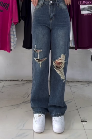 Distressed High-Waist Wide-Leg Jeans