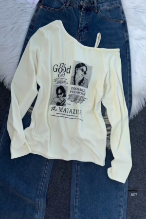 Burgundy Graphic Off-Shoulder Top & Distressed Denim Jeans Set