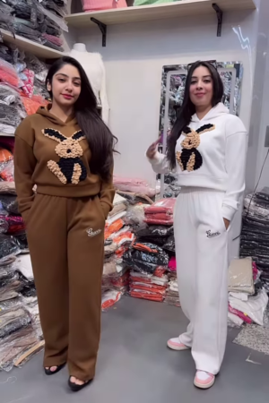 Bunny Print Hoodie & Jogger Co-ord Set – White & Brown Combo