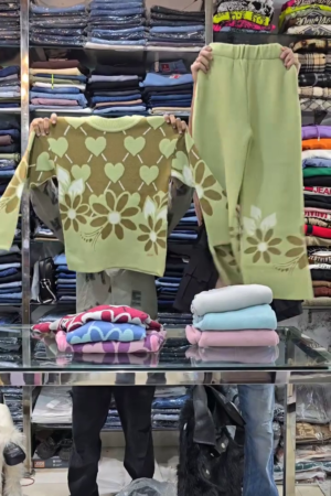 Floral Knit Co-ord Sets 🌸 Heart & Flower Patterns – Purple, Green & Pink Variants