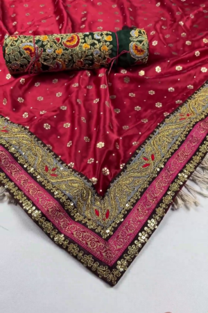 Premium Red Heavy Embroidered Partywear Saree with Designer Blouse Fabric