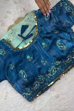 Peacock Blue Heavy Embroidered Designer Blouse with Coin Border