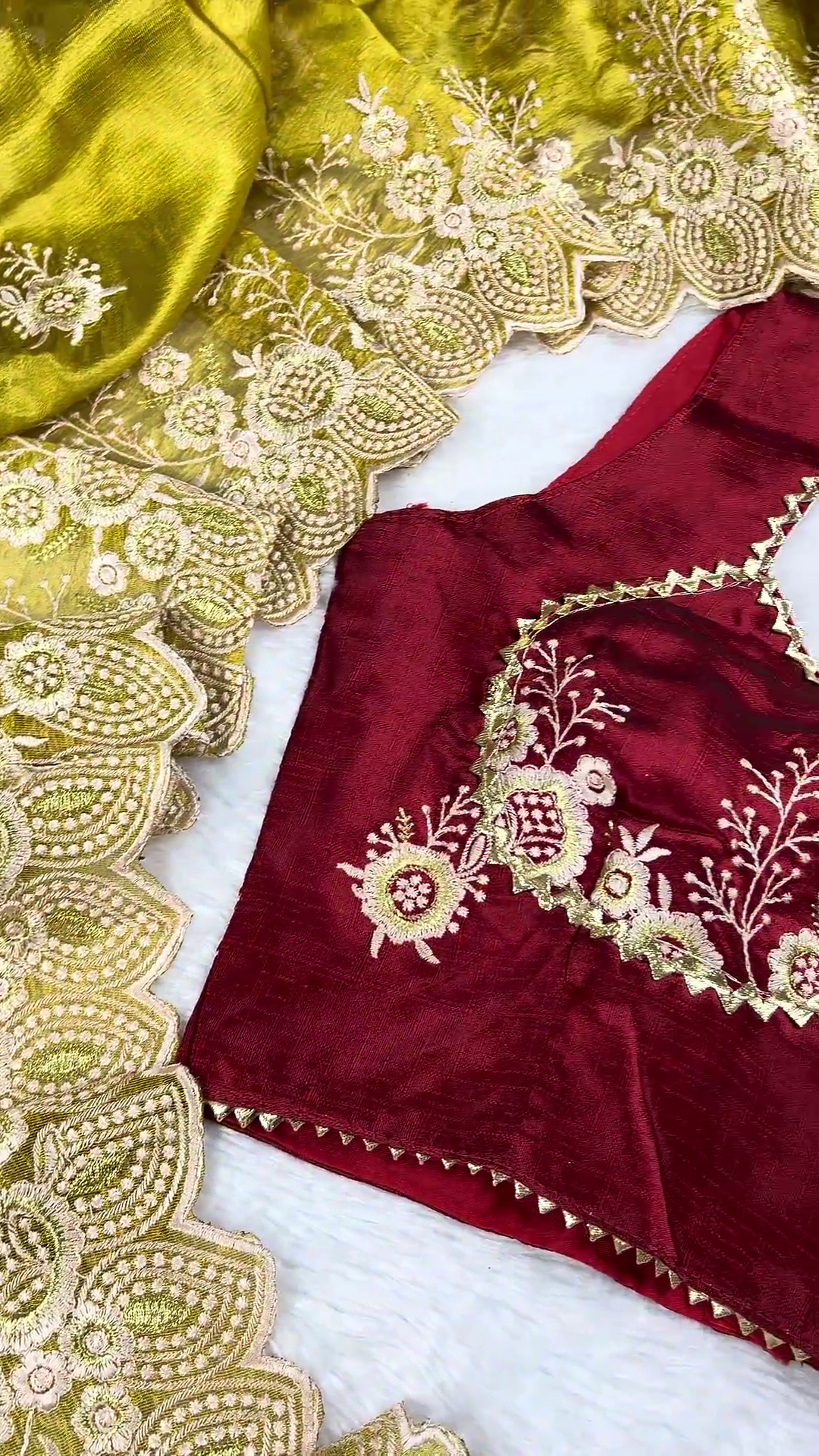 Regal Maroon Embroidered Blouse with Olive Green Scalloped Saree Set