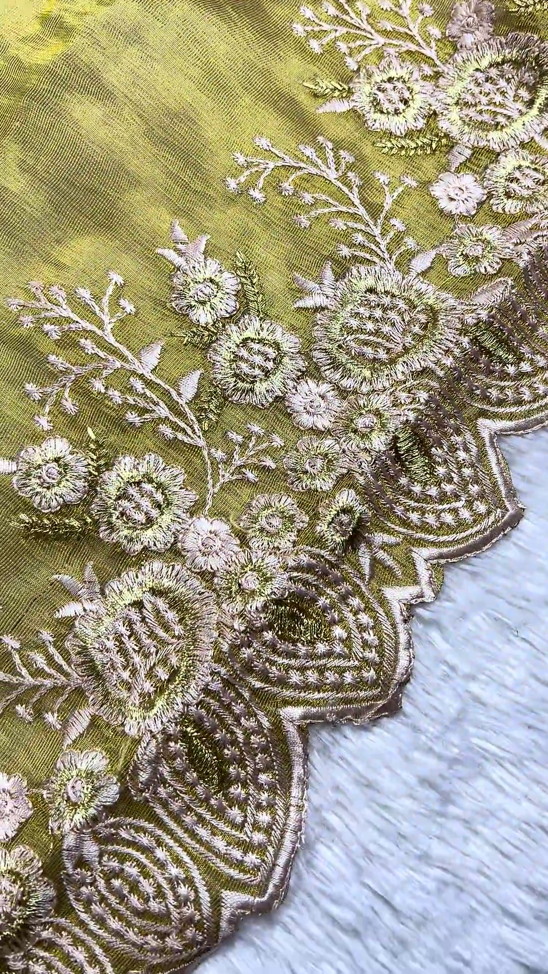 Regal Maroon Embroidered Blouse with Olive Green Scalloped Saree Set - Image 3